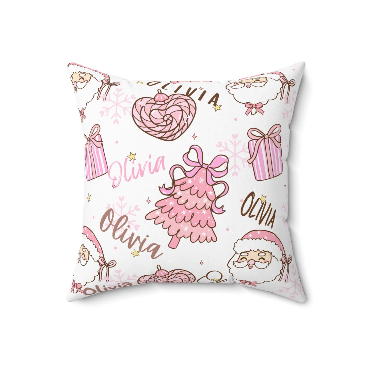 Christmas Pink Personalized Spun Polyester Pillow, Holiday Decor, Custom Name Cushion, Festive Square Throw Pillow, Home Accent
