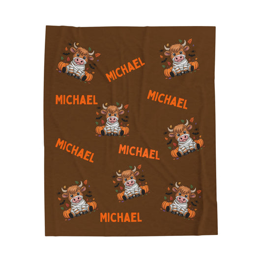 Personalized Halloween Velveteen Plush Blanket, Cow Mummy Costume, Custom Name, Kids Adults, Soft Throw Decor, Holiday Gift, Halloween Decor