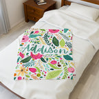 Plush Blanket, Personalized Floral Name Blanket, Custom Cozy Throw, Flower Design, Soft Blankie, Comfy Bedding