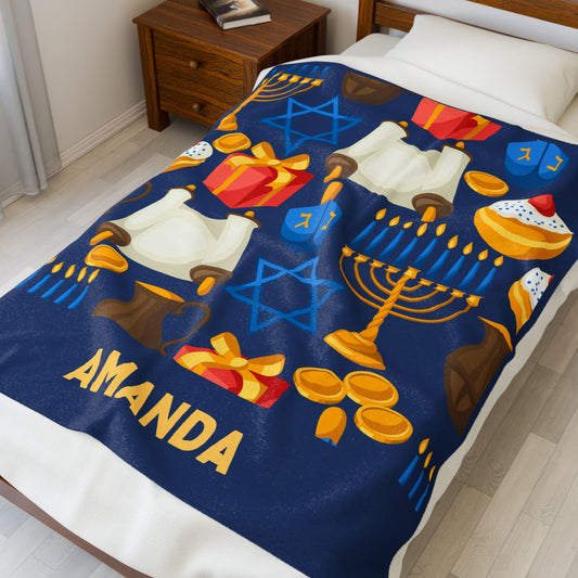 Personalized Hannukah Velveteen Plush Blanket - Hannukah Menorah Dreidel Star of David Personalized