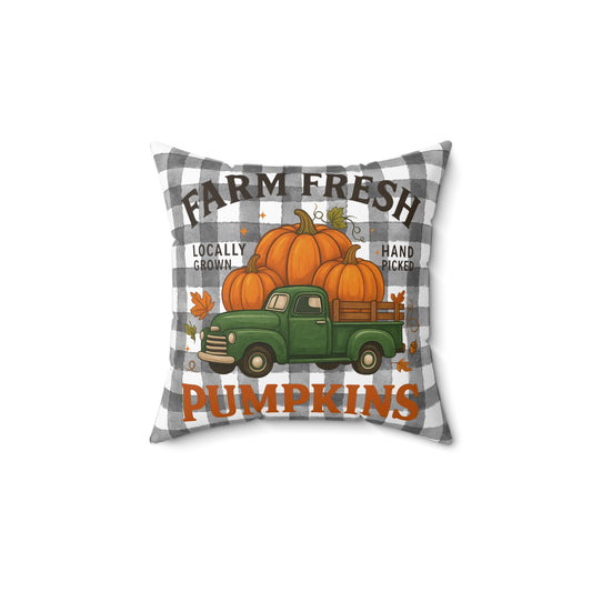 Farm Fresh Pumpkins Square Pillow, Fall Decor Pillow, Grey Plaid Pillow, Autumn Harvest Pillow, Halloween Pillow, Thanksgiving Pillow