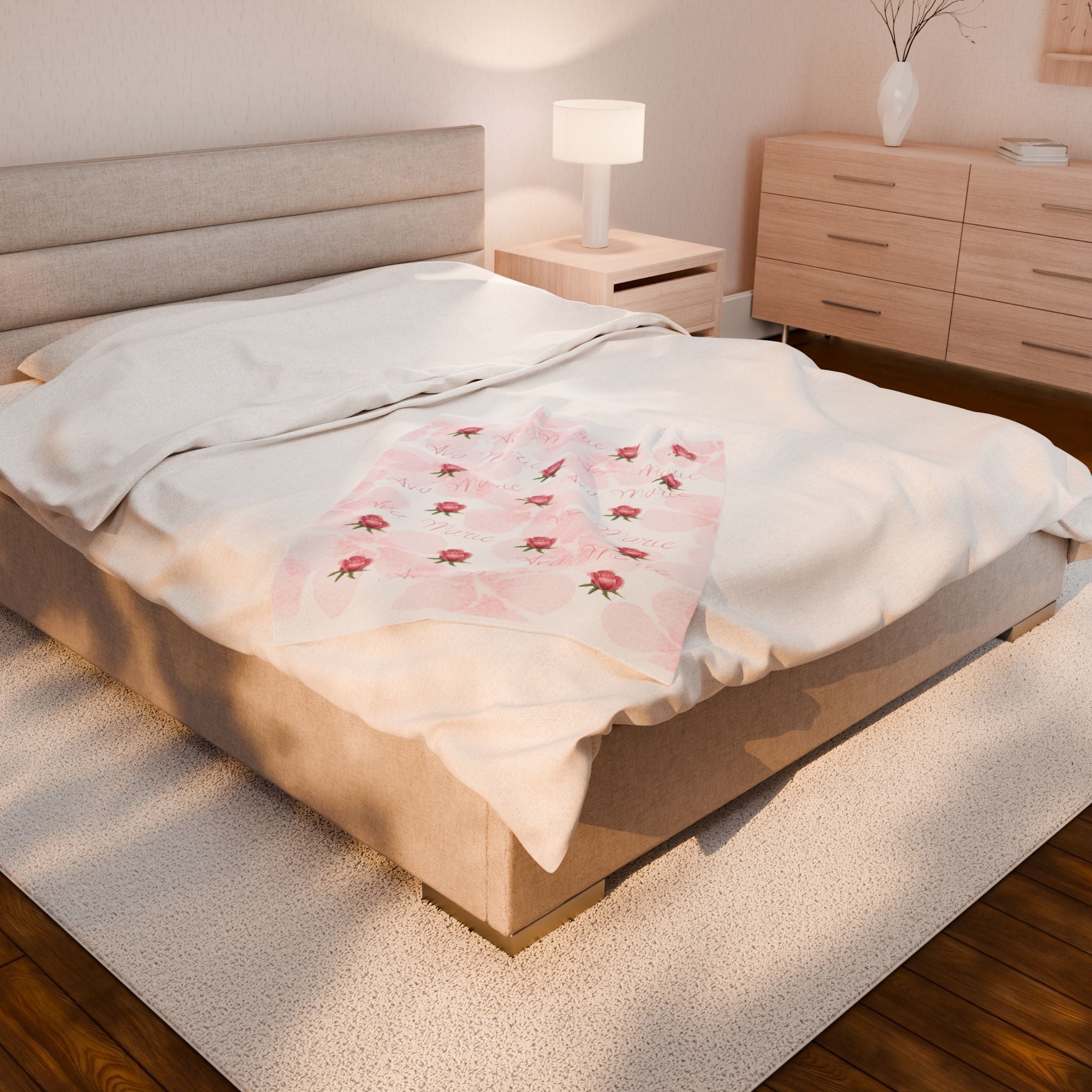 Personalized Velveteen Plush Blanket with Pink Roses - Gift for newborn, nursery decor