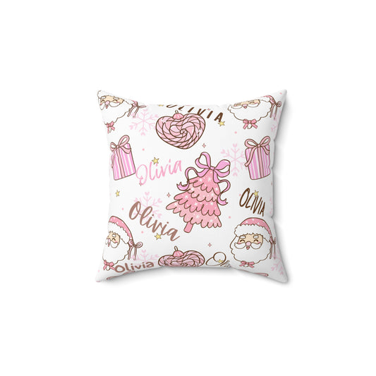 Christmas Pink Personalized Spun Polyester Pillow, Holiday Decor, Custom Name Cushion, Festive Square Throw Pillow, Home Accent