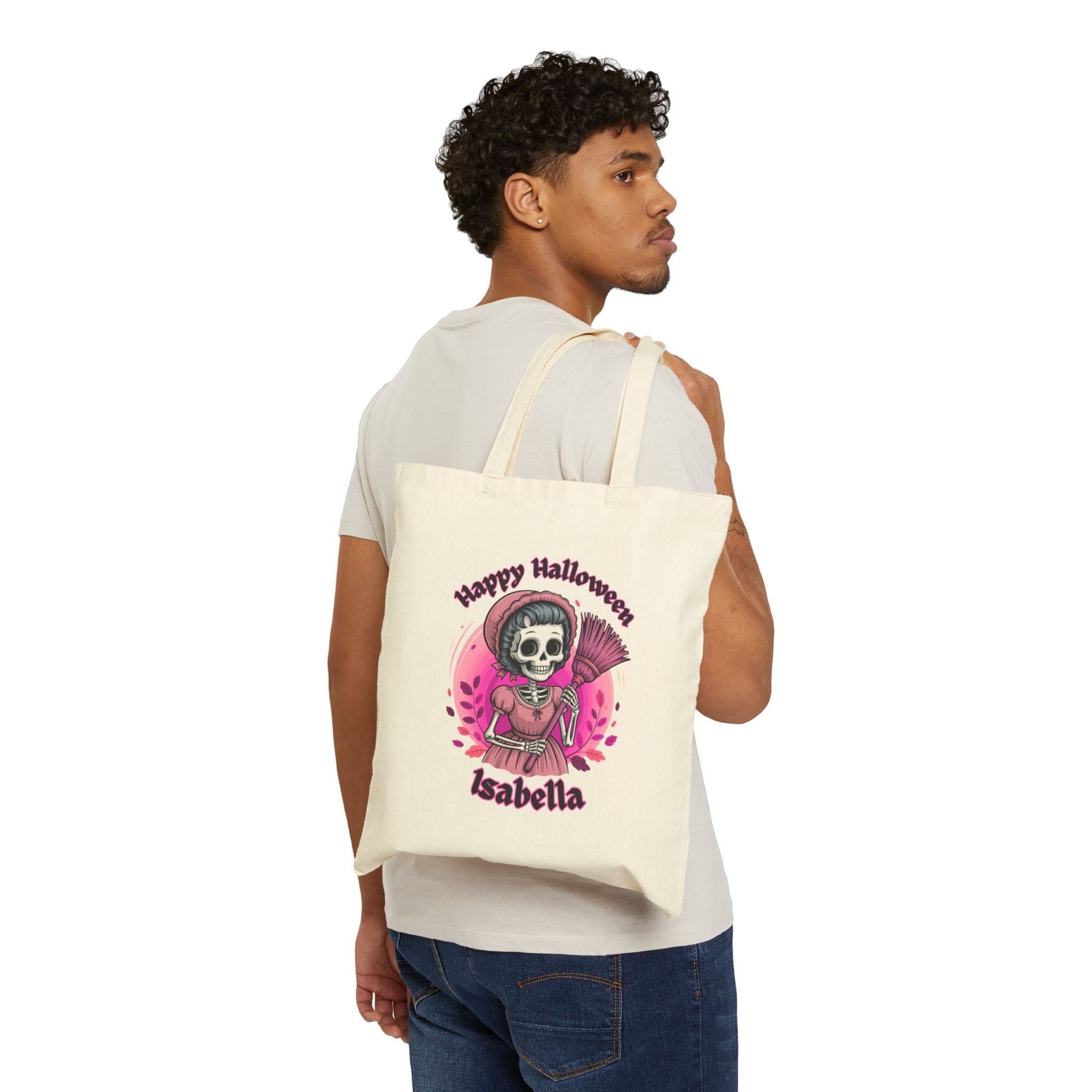 Pink Skeleton Witch Cotton Canvas Tote Bag, Halloween Candy Bag, Trick or Treat Tote, Cute Witch Tote, Halloween Party Bag, Halloween