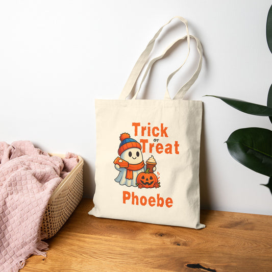 Halloween Tote Bag, Personalized Trick or Treat Bag, Festive Cotton Canvas Tote, Adorable Ghosts and Pumpkins, Fall Decor Bag, Halloween