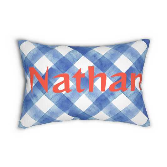 Personalized Blue Plaid Lumbar Pillow for Boys