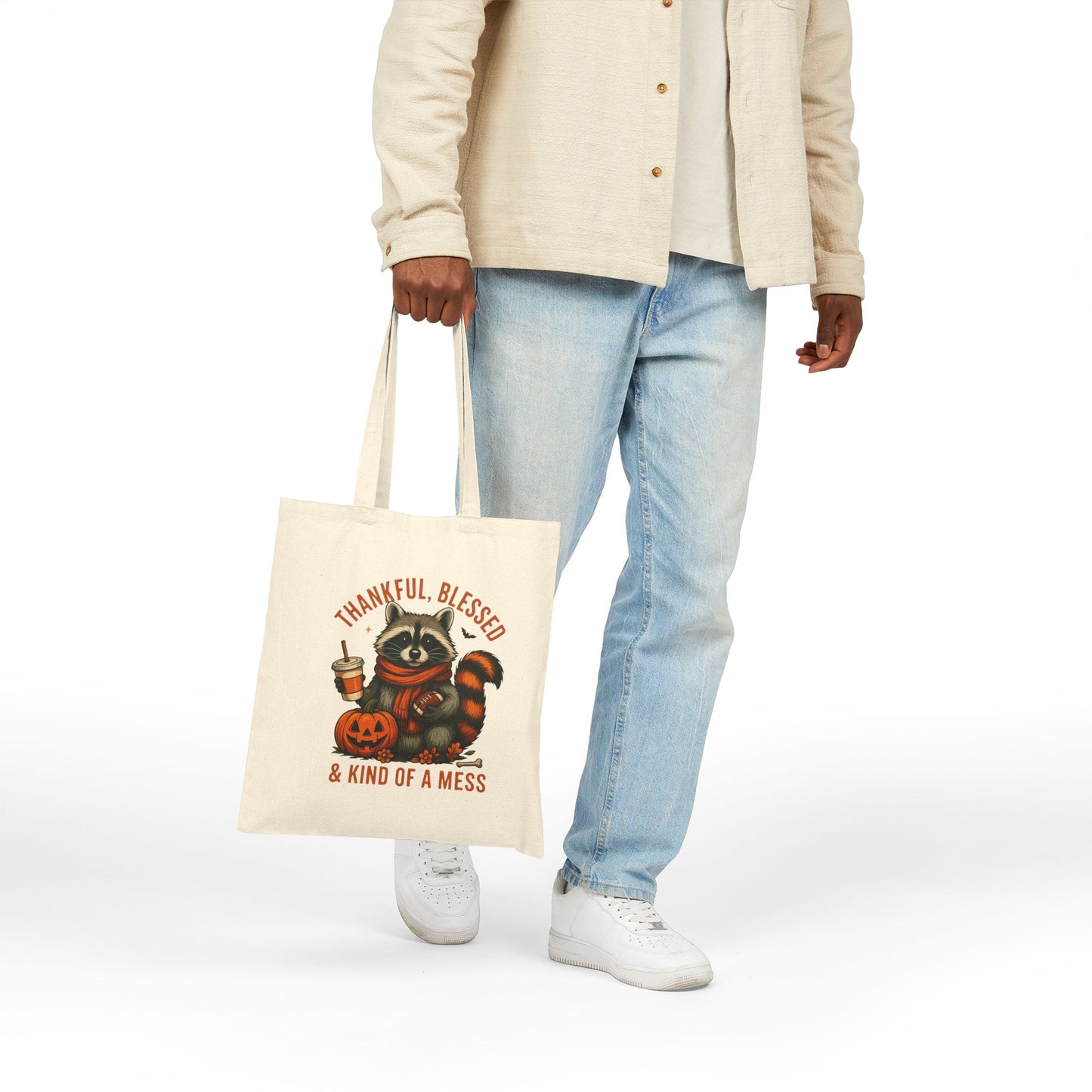 Cotton Canvas Tote Bag, Thankful Blessed and Kind of a Mess Funny Bag, Fall Festive Raccoon and Decor, Pumpkin Coffee, Autumn Reusable