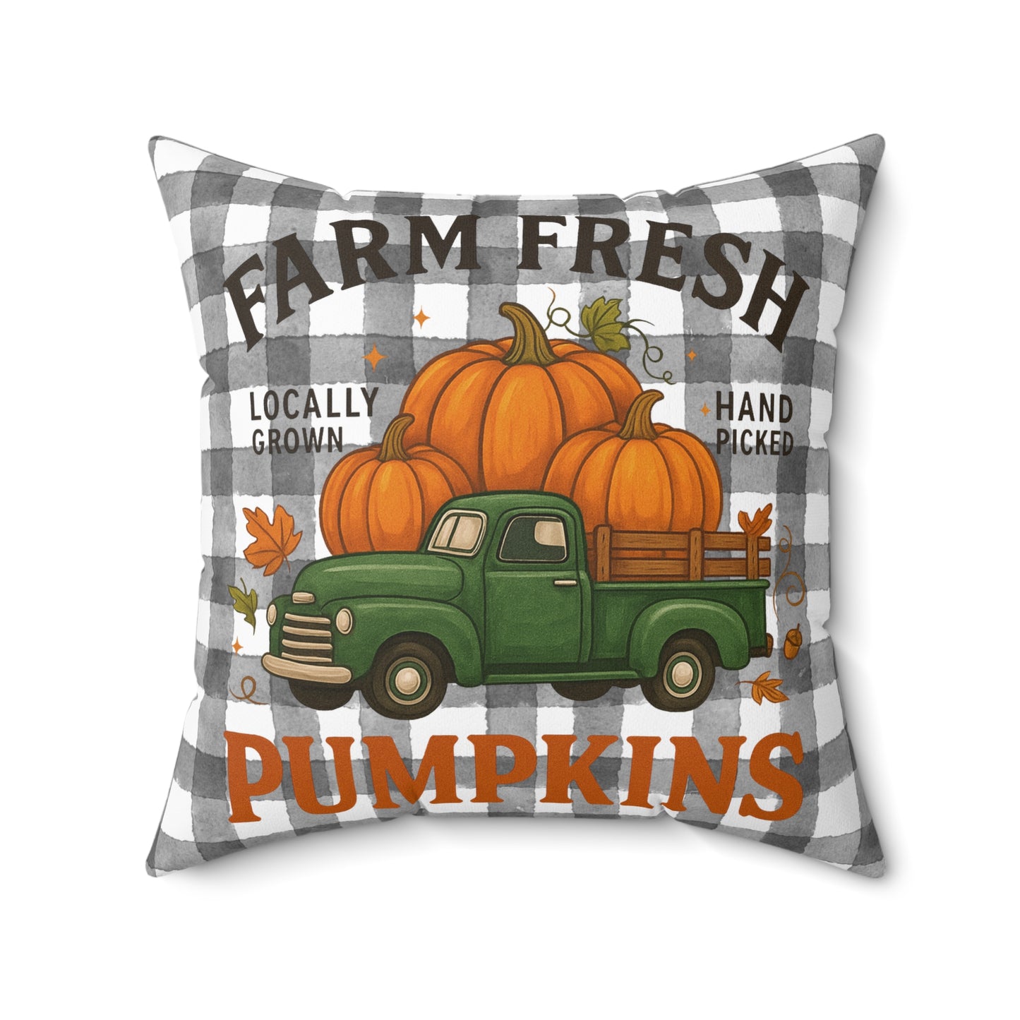 Farm Fresh Pumpkins Square Pillow, Fall Decor Pillow, Grey Plaid Pillow, Autumn Harvest Pillow, Halloween Pillow, Thanksgiving Pillow