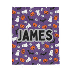 Plush Halloween Blanket, Personalized Name Ghosts and Pumpkins, Purple, Boy, Halloween Decor, Halloween Gift, Halloween Bedding, Halloween