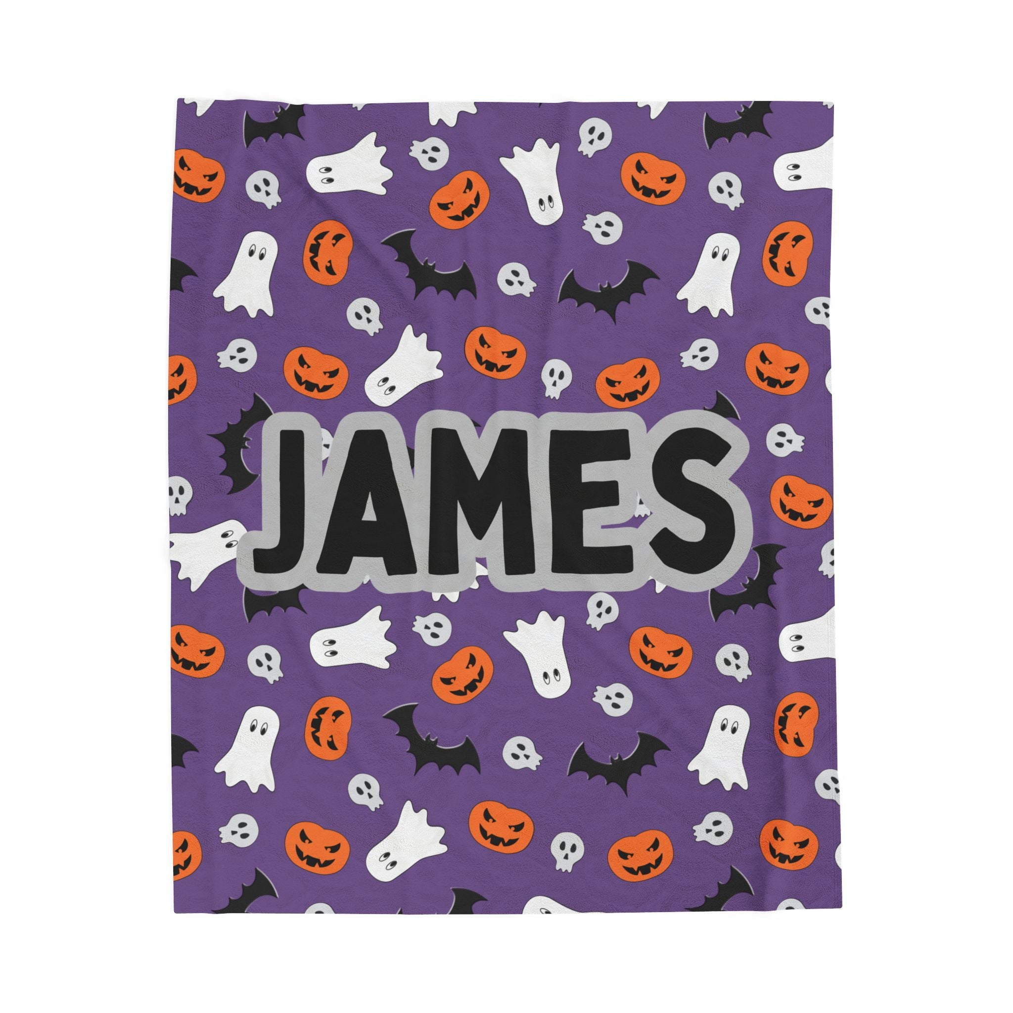Plush Halloween Blanket, Personalized Name Ghosts and Pumpkins, Purple, Boy, Halloween Decor, Halloween Gift, Halloween Bedding, Halloween