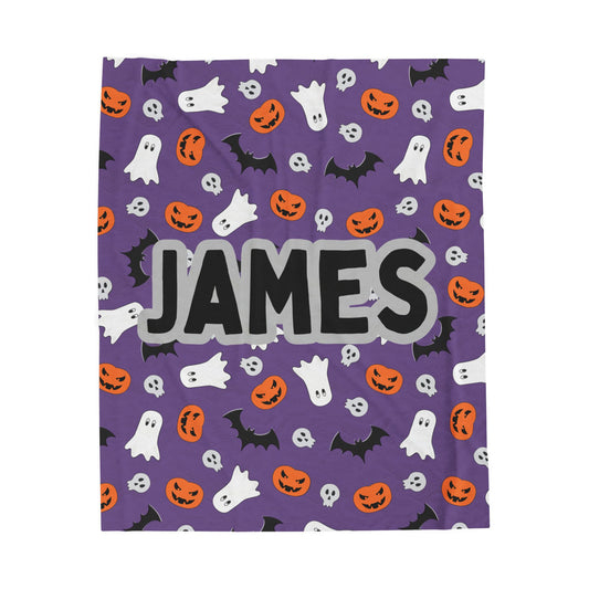 Plush Halloween Blanket, Personalized Name Ghosts and Pumpkins, Purple, Boy, Halloween Decor, Halloween Gift, Halloween Bedding, Halloween