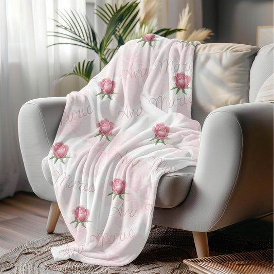 Personalized Velveteen Plush Blanket with Pink Roses