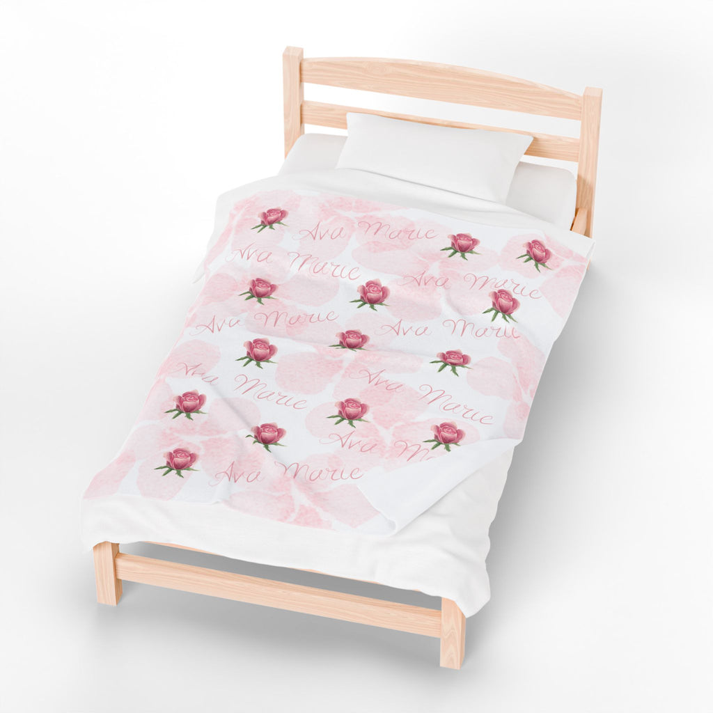 Baby Blanket Personalized with Pink Roses and Custom Name