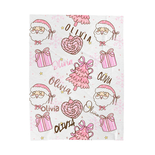 Christmas in Pink Personalized, Santa Trees Gifts, Holiday Gift, Custom Name Throw, Cozy Winter Decor,Velveteen Plush Blanket -
