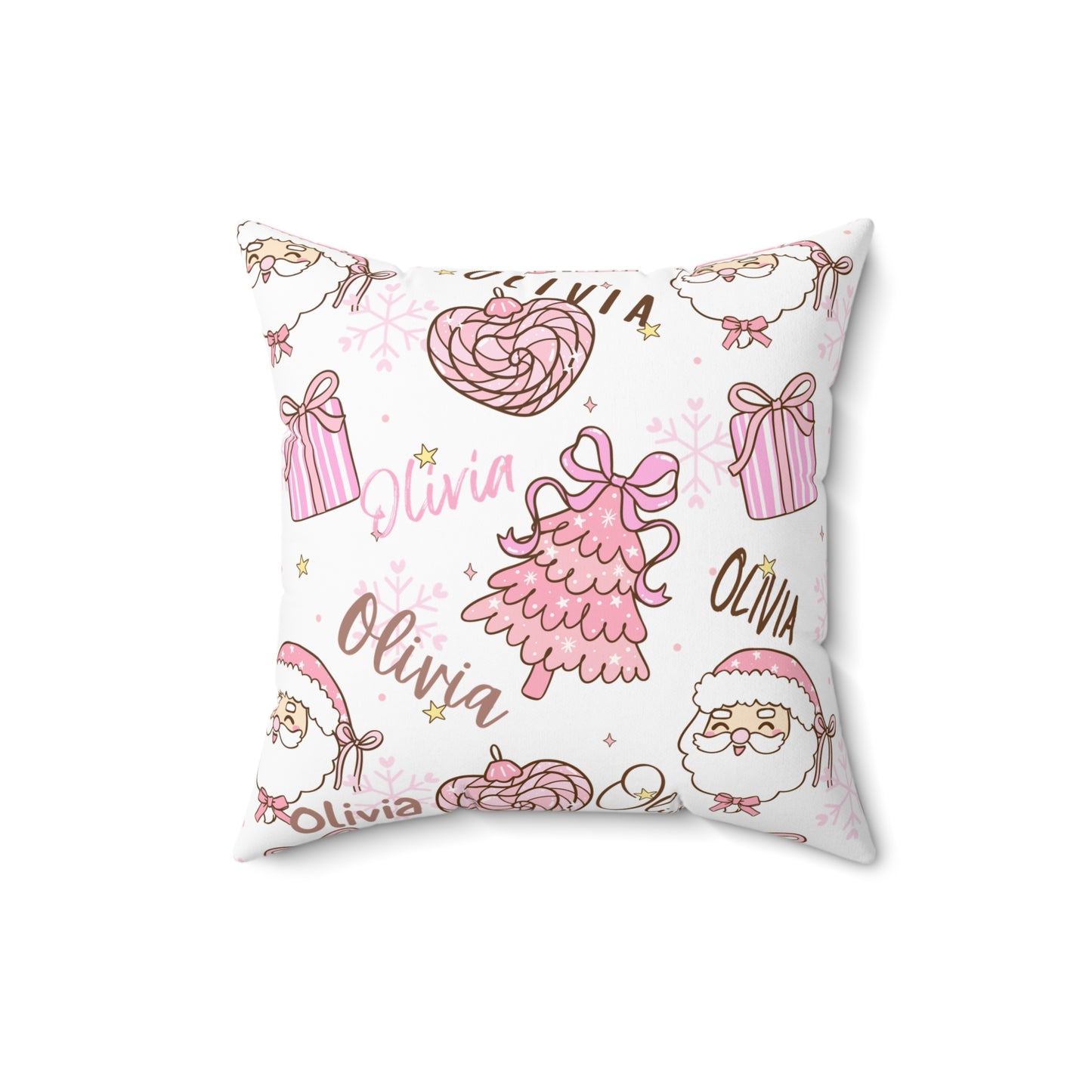 Christmas Pink Personalized Spun Polyester Pillow, Holiday Decor, Custom Name Cushion, Festive Square Throw Pillow, Home Accent