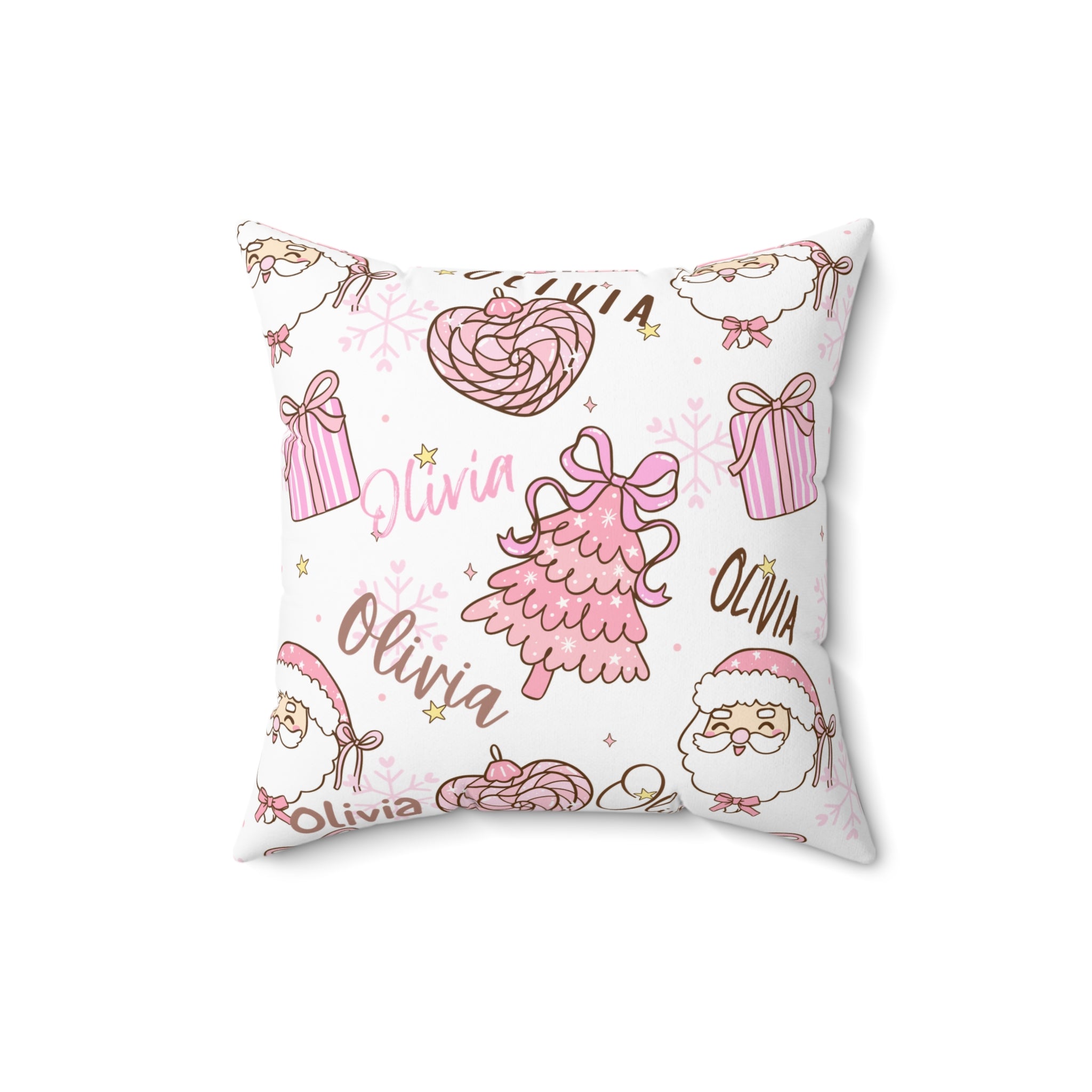 Christmas Pink Personalized Spun Polyester Pillow, Holiday Decor, Custom Name Cushion, Festive Square Throw Pillow, Home Accent