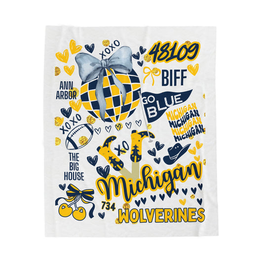 Plush Blanket for Michigan Pride College Fans, Personalized Fleece Throw Gift, University Team Spirit Dorm Bedding, Wolverine, Bed Party