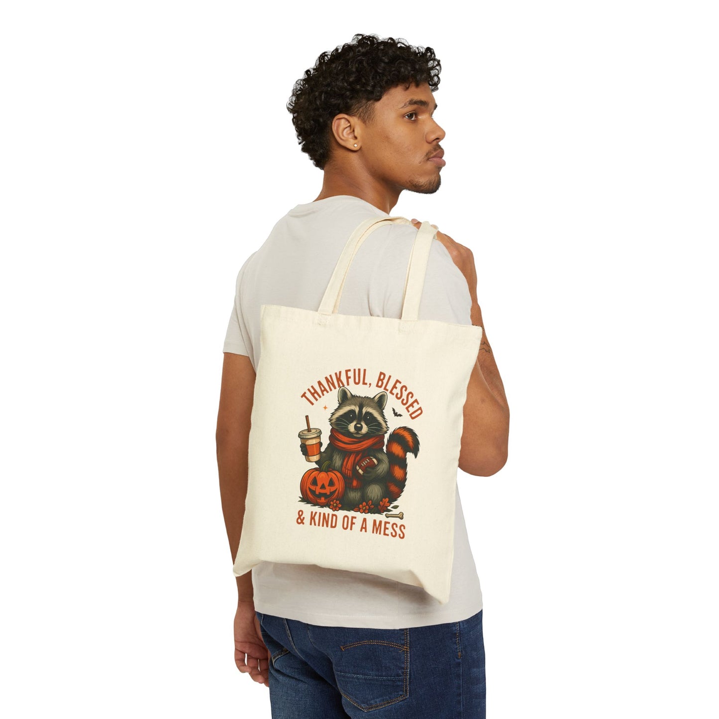 Cotton Canvas Tote Bag, Thankful Blessed and Kind of a Mess Funny Bag, Fall Festive Raccoon and Decor, Pumpkin Coffee, Autumn Reusable