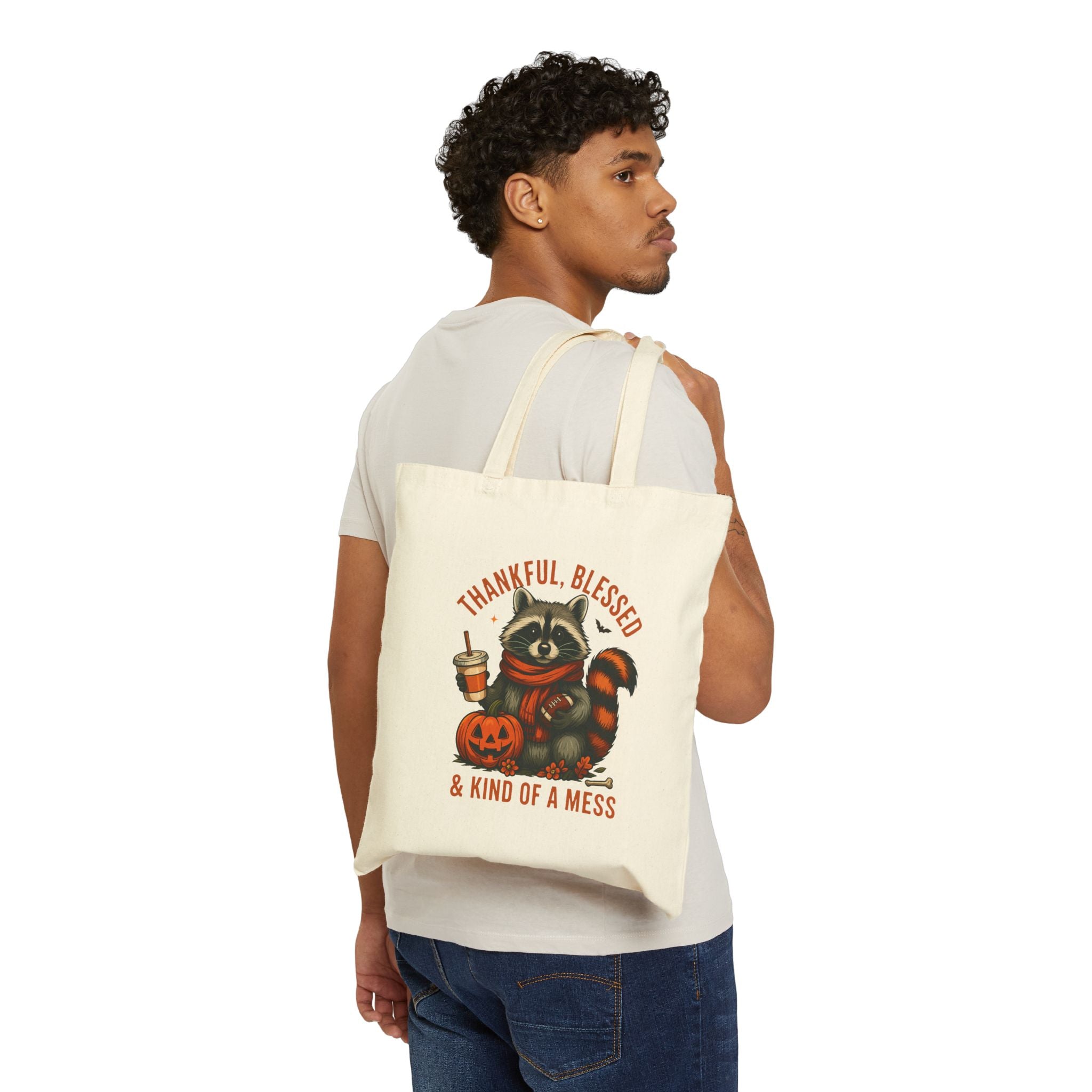 Cotton Canvas Tote Bag, Thankful Blessed and Kind of a Mess Funny Bag, Fall Festive Raccoon and Decor, Pumpkin Coffee, Autumn Reusable