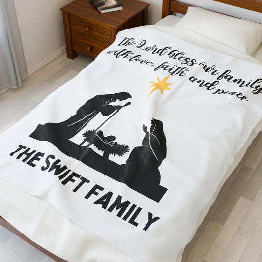 Religious Personalized Velveteen Plush Blanket with Holy Family Prayer - Family Name Personalized