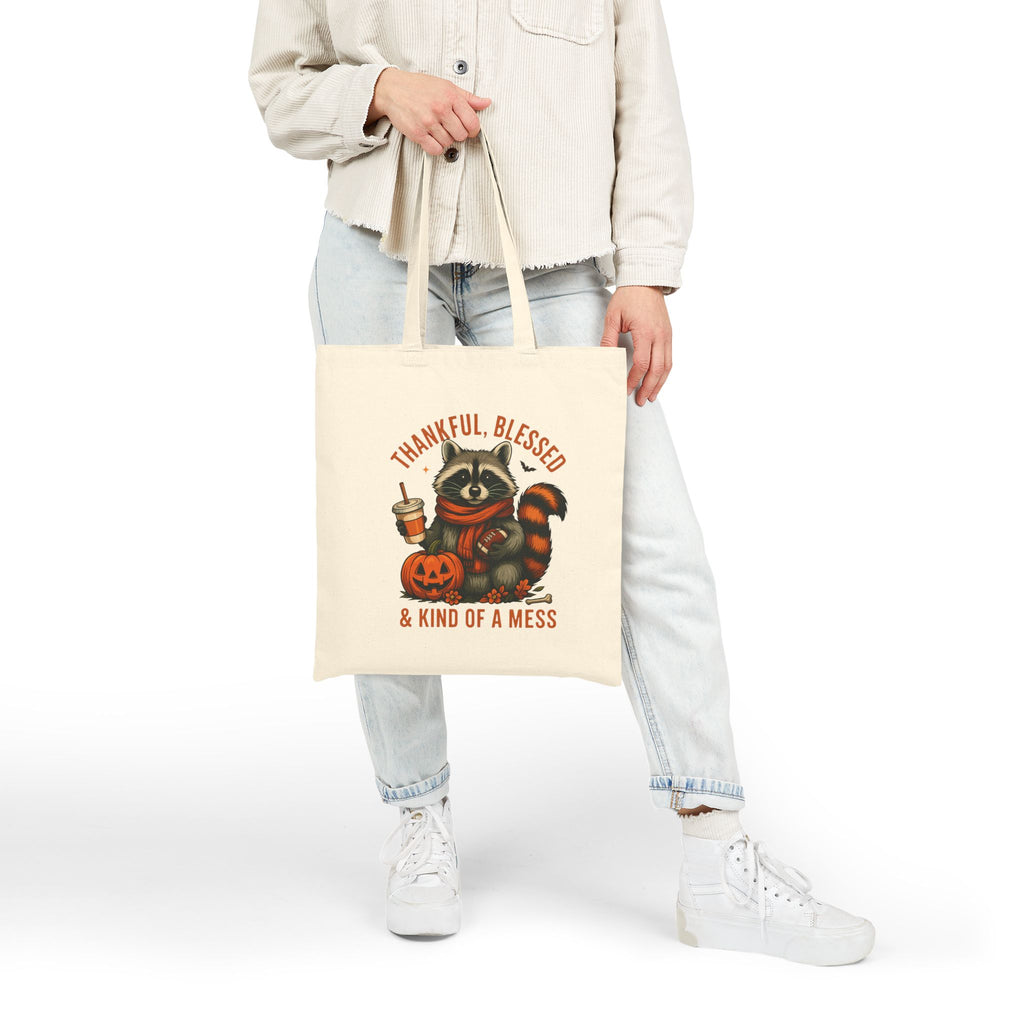 Cotton Canvas Tote Bag, Thankful Blessed and Kind of a Mess Funny Bag, Fall Festive Raccoon and Decor, Pumpkin Coffee, Autumn Reusable