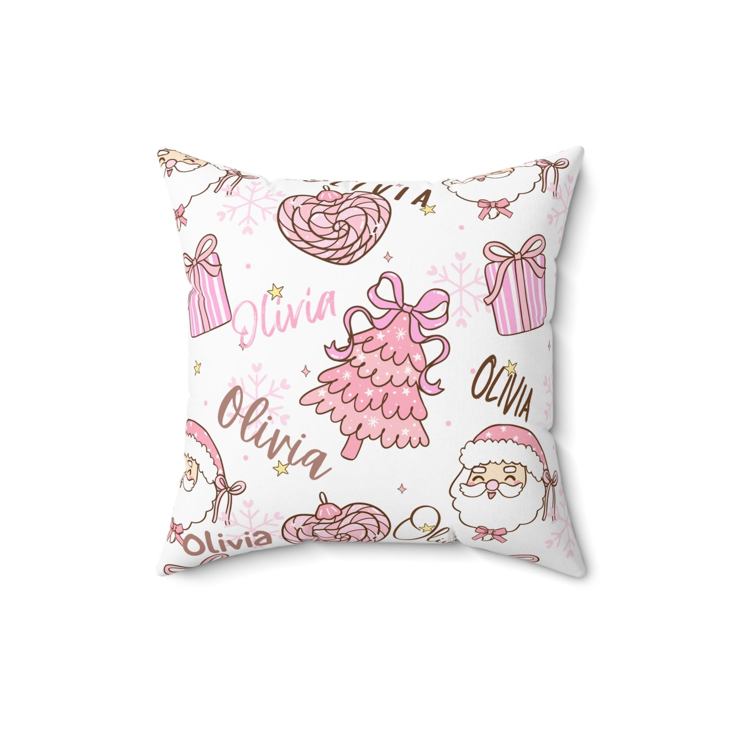 Christmas Pink Personalized Spun Polyester Pillow, Holiday Decor, Custom Name Cushion, Festive Square Throw Pillow, Home Accent