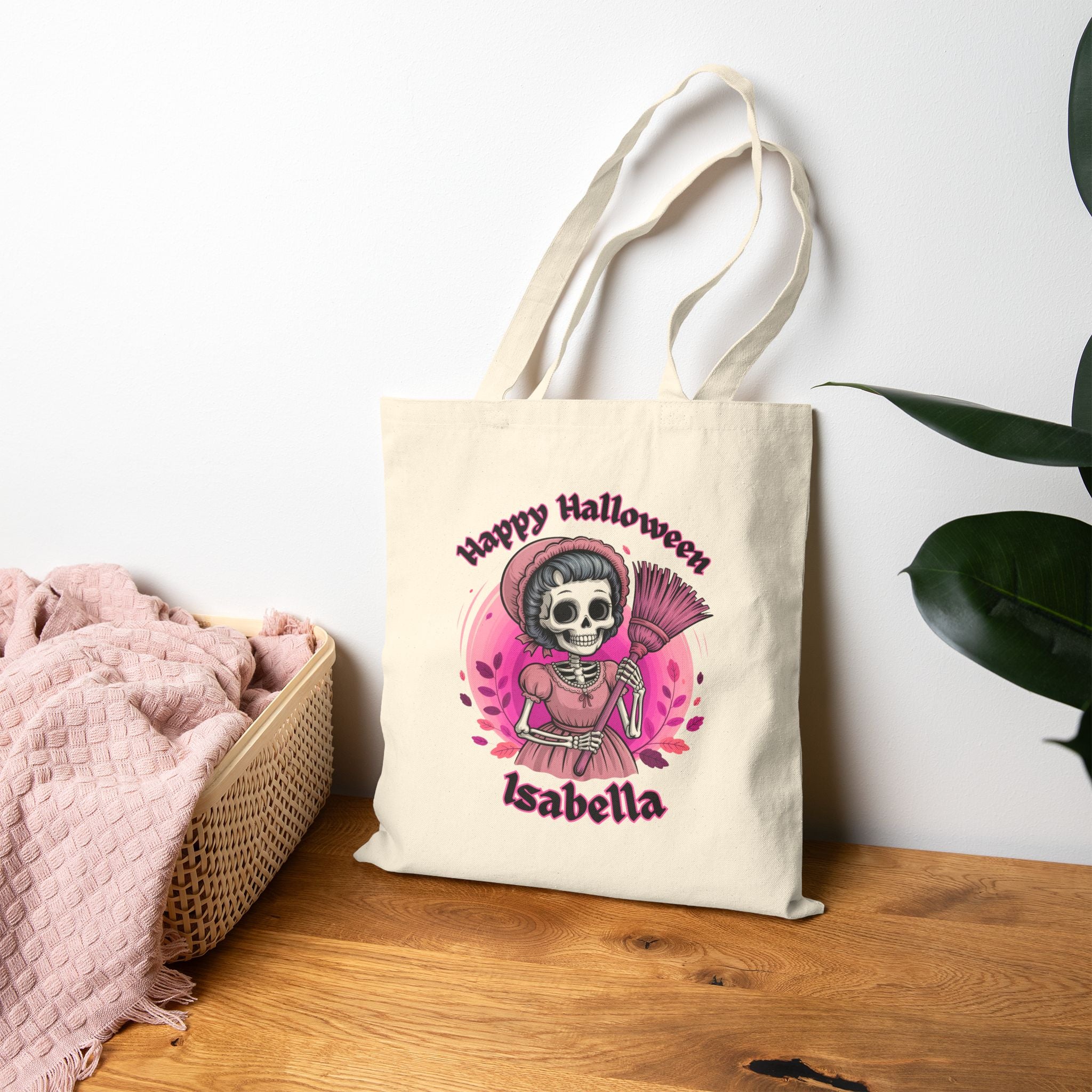 Pink Skeleton Witch Cotton Canvas Tote Bag, Halloween Candy Bag, Trick or Treat Tote, Cute Witch Tote, Halloween Party Bag, Halloween