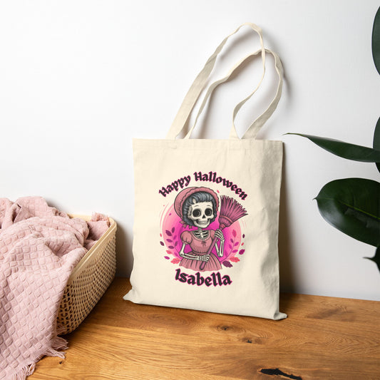 Pink Skeleton Witch Cotton Canvas Tote Bag, Halloween Candy Bag, Trick or Treat Tote, Cute Witch Tote, Halloween Party Bag, Halloween