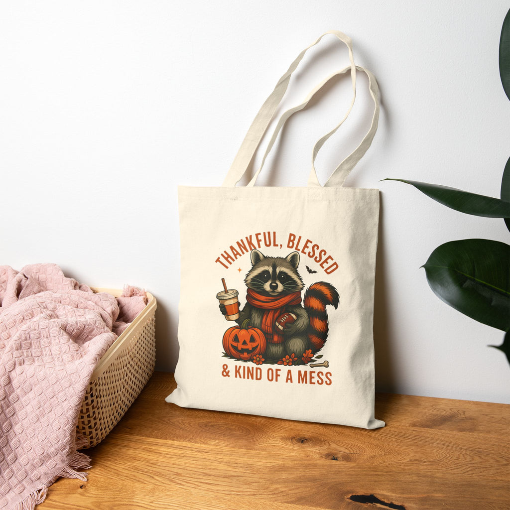 Cotton Canvas Tote Bag, Thankful Blessed and Kind of a Mess Funny Bag, Fall Festive Raccoon and Decor, Pumpkin Coffee, Autumn Reusable
