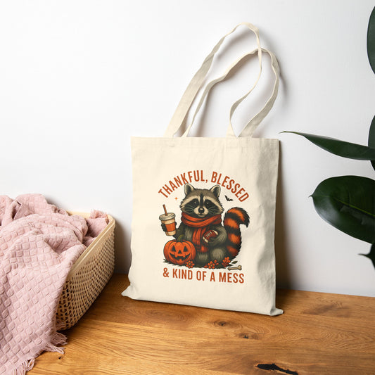 Cotton Canvas Tote Bag, Thankful Blessed and Kind of a Mess Funny Bag, Fall Festive Raccoon and Decor, Pumpkin Coffee, Autumn Reusable