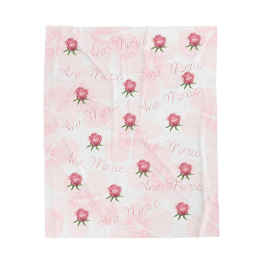 Personalized Velveteen Plush Blanket with Pink Roses - Gift for newborn, nursery decor