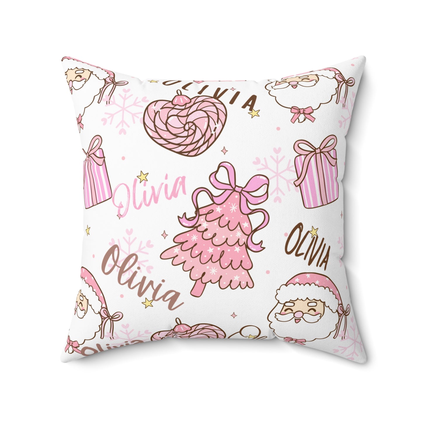 Christmas Pink Personalized Spun Polyester Pillow, Holiday Decor, Custom Name Cushion, Festive Square Throw Pillow, Home Accent