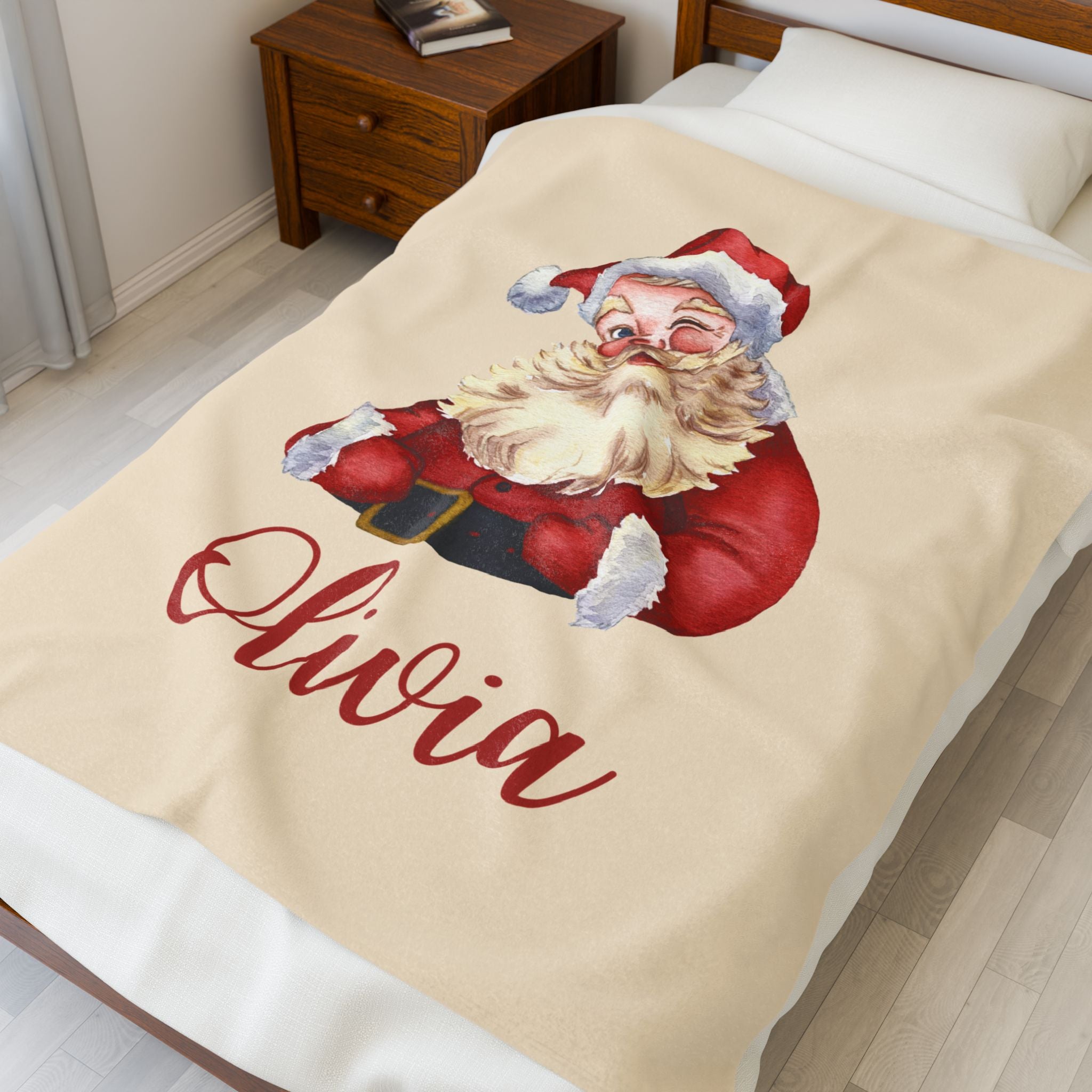 Santa Velveteen Plush Blanket with Personalized Name - Christmas Gift, Holiday Blanket, Custom Holiday Throw, Festive Santa Claus Blanket