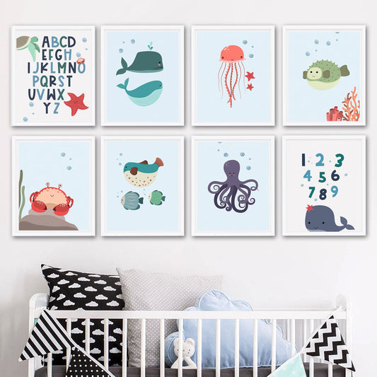 Cartoon Alphanumeric Table Octopus Jellyfish Wall Art Canvas Painting