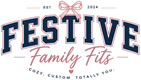 Logo for 'Festive Family Fits' with a decorative bow on a white background